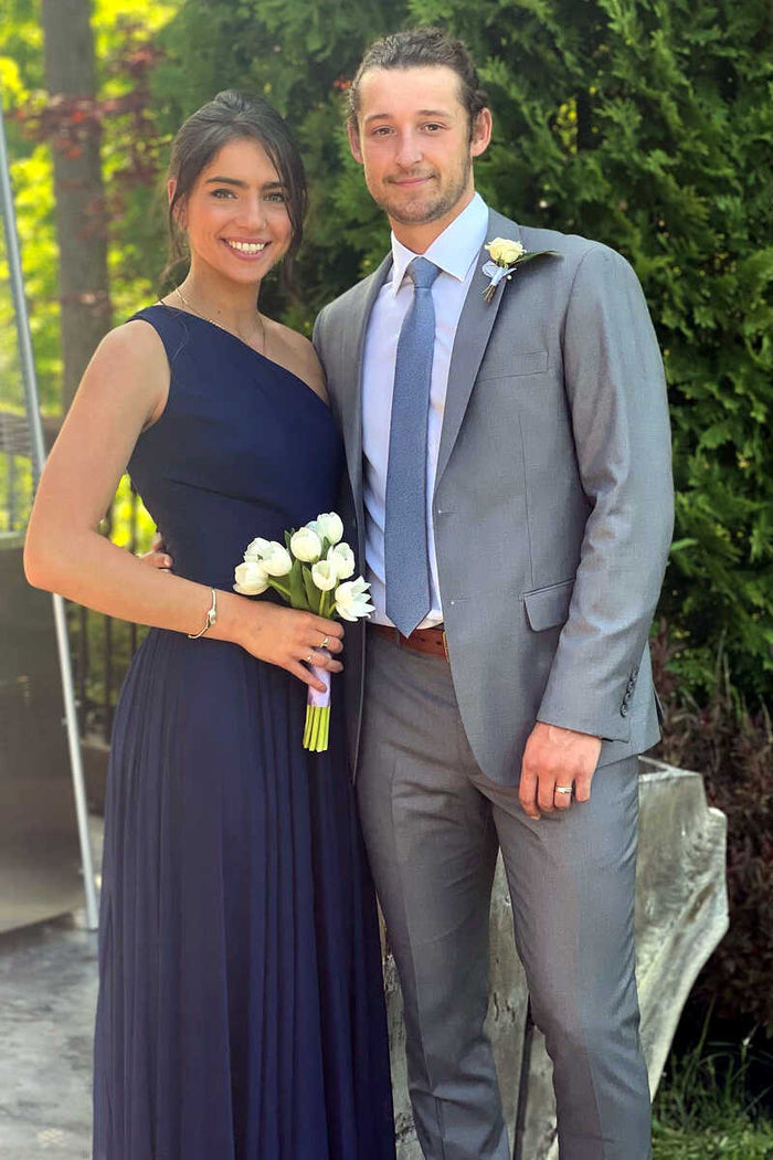 Navy Blue One-Shoulder Long Formal Dress