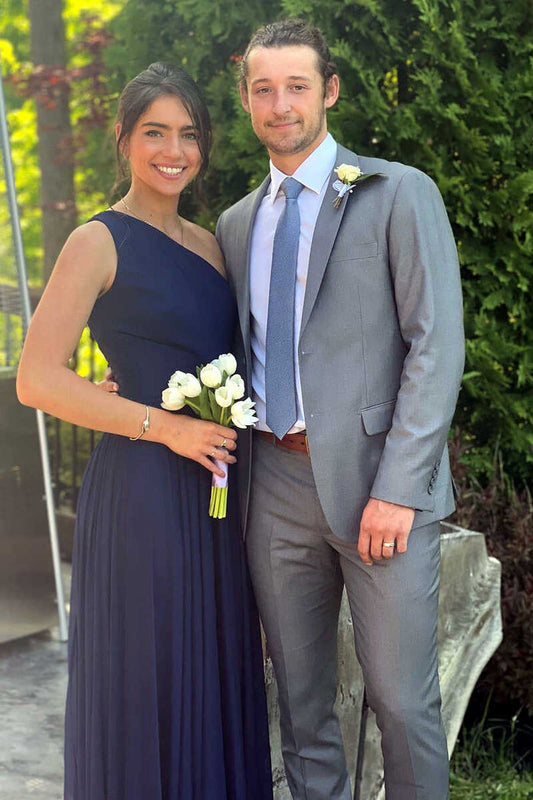 Navy Blue One-Shoulder Long Formal Dress