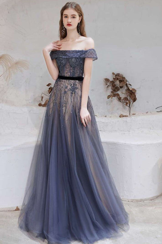 Navy Blue Tulle Beaded Off-the-Shoulder Floor Length Prom Dress