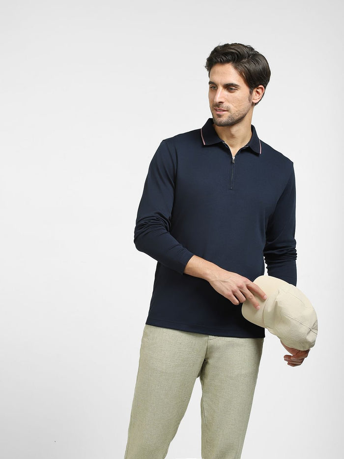 Navy Blue Zip-Up Polo T-shirt