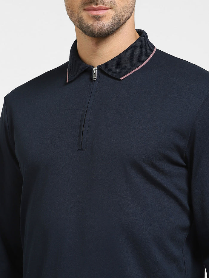Navy Blue Zip-Up Polo T-shirt