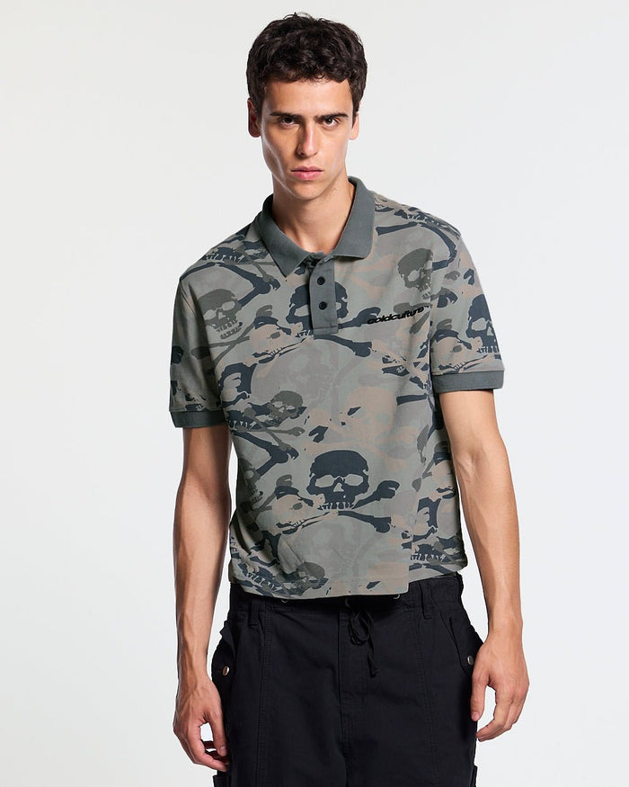 NIGHTSKULL POLO GREY - grey skull print polo shirt, front view on male model - Cold Culture