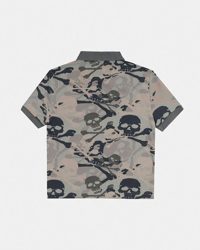 NIGHTSKULL POLO GREY - grey skull print polo shirt, back view - Cold Culture