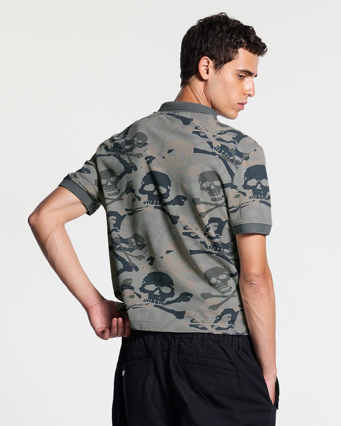 NIGHTSKULL POLO GREY - grey skull print polo shirt, back view on male model - Cold Culture