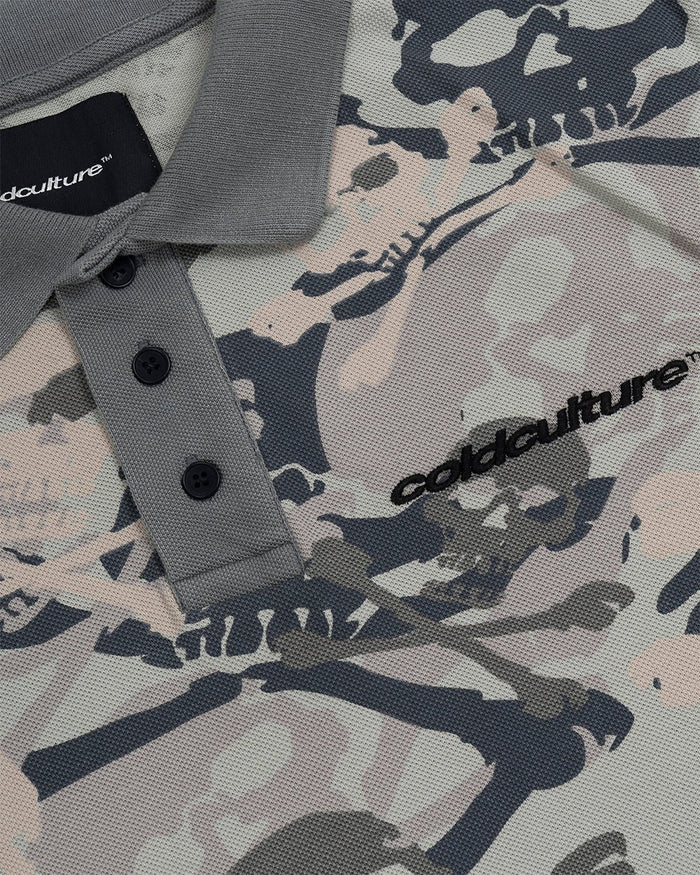 NIGHTSKULL POLO GREY - grey skull print polo shirt, detail close-up - Cold Culture
