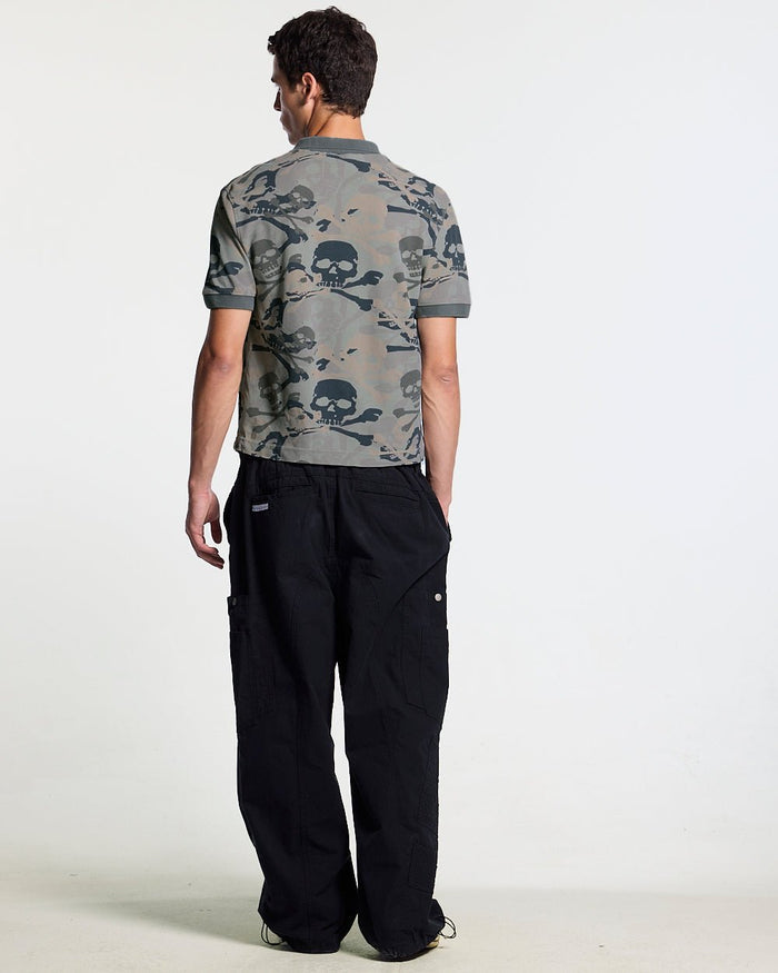 NIGHTSKULL POLO GREY - grey skull print polo shirt, back view on male model - Cold Culture