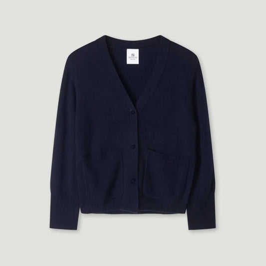 Navy blue cardigan on a light gray background | Lead