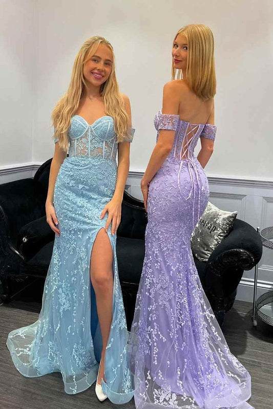 Off-Shoulder Sweetheart Lace Appliques Mermaid Prom Dress with Slit