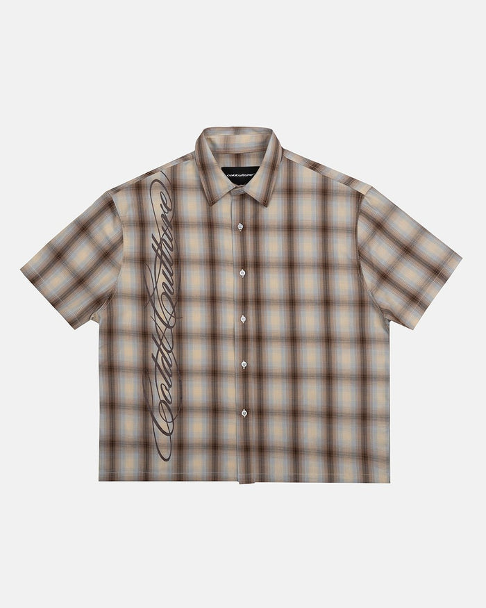 OFFICE SCRIPT SHIRT BEIGE - beige plaid short sleeve shirt, front view - Cold Culture