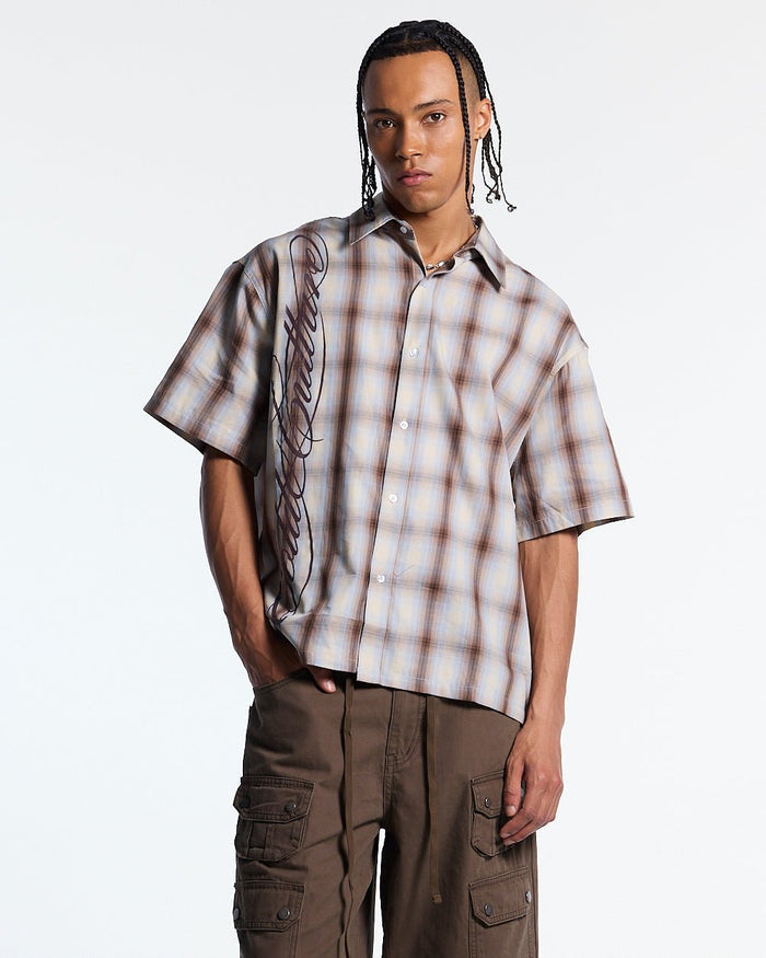 OFFICE SCRIPT SHIRT BEIGE - beige plaid short sleeve shirt, front view on male model - Cold Culture