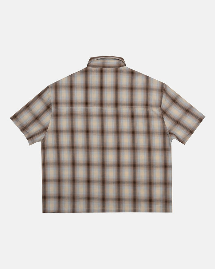 OFFICE SCRIPT SHIRT BEIGE - beige plaid short sleeve shirt, back view - Cold Culture
