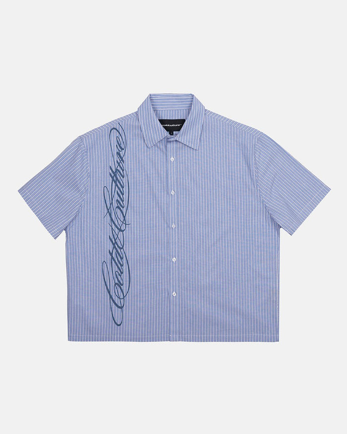 OFFICE SCRIPT SHIRT BLUE - blue striped short sleeve shirt, front view - Cold Culture