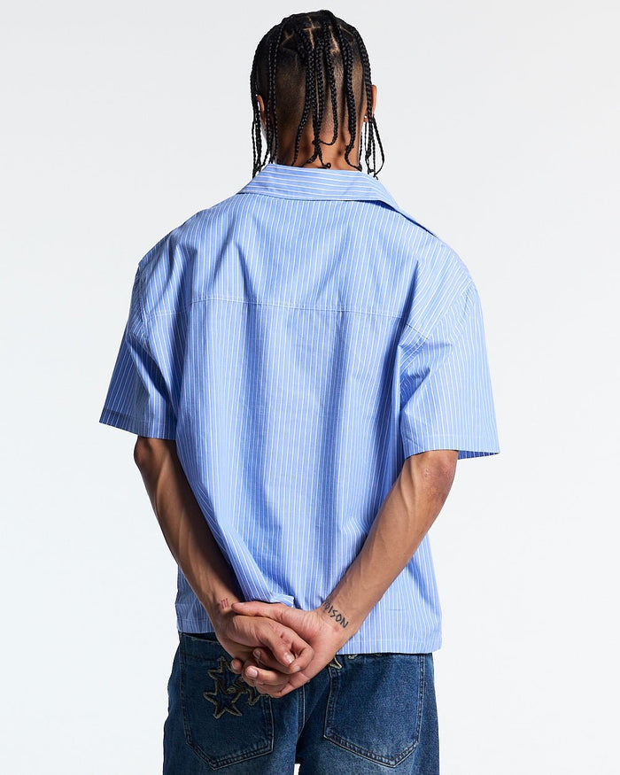 OFFICE SCRIPT SHIRT BLUE - blue striped short sleeve shirt, back view on male model - Cold Culture