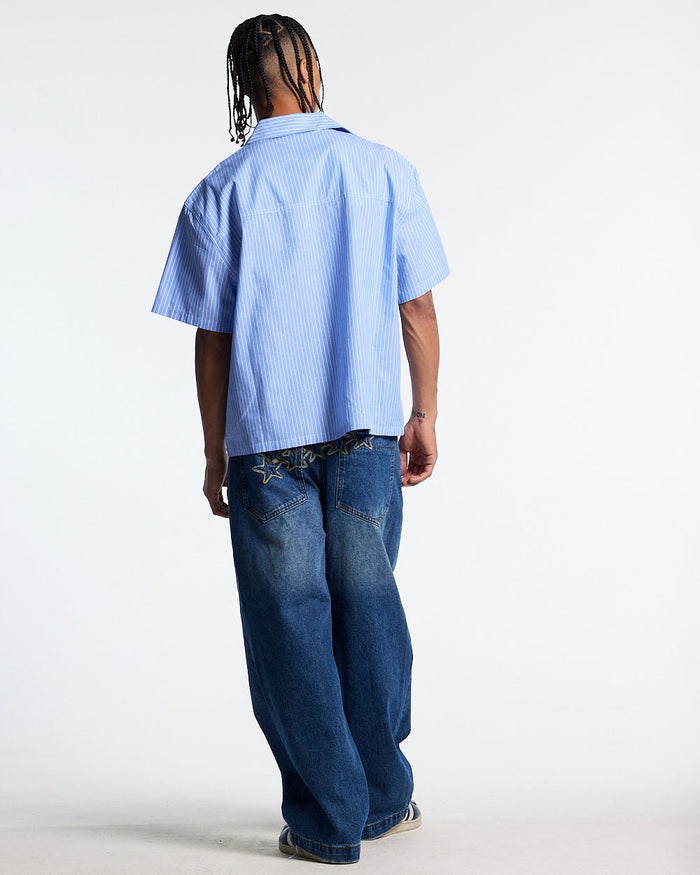 OFFICE SCRIPT SHIRT BLUE - blue striped short sleeve shirt, back view on male model - Cold Culture