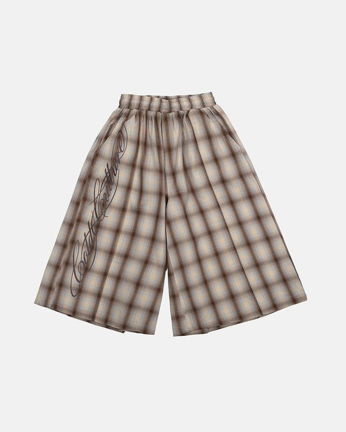 OFFICE SCRIPT SHORTS BEIGE - beige plaid wide leg shorts, front view - Cold Culture
