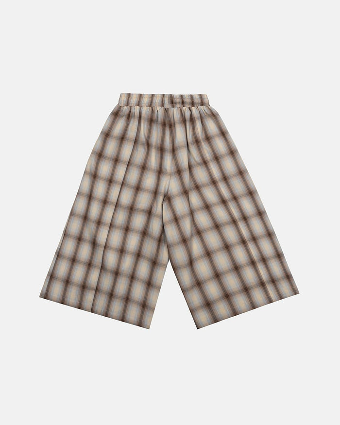 OFFICE SCRIPT SHORTS BEIGE - beige plaid wide leg shorts, back view - Cold Culture