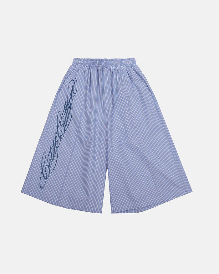 OFFICE SCRIPT SHORTS BLUE - blue striped wide leg shorts, front view - Cold Culture