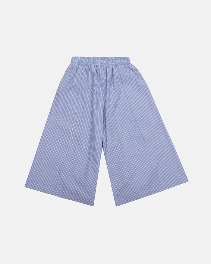 OFFICE SCRIPT SHORTS BLUE - blue striped wide leg shorts, back view - Cold Culture