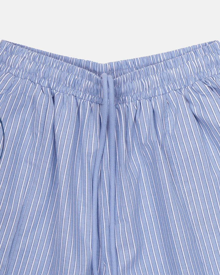 OFFICE SCRIPT SHORTS BLUE - blue striped wide leg shorts, detail close-up - Cold Culture