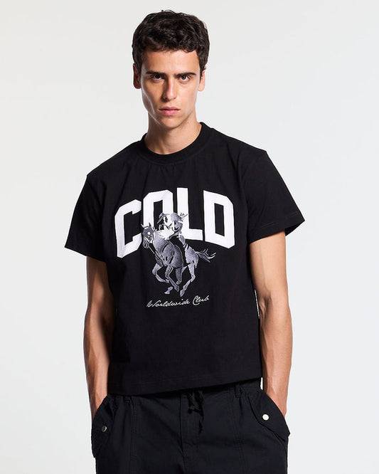 OPERA TEE BLACK - black horse print tee, front view on male model - Cold Culture