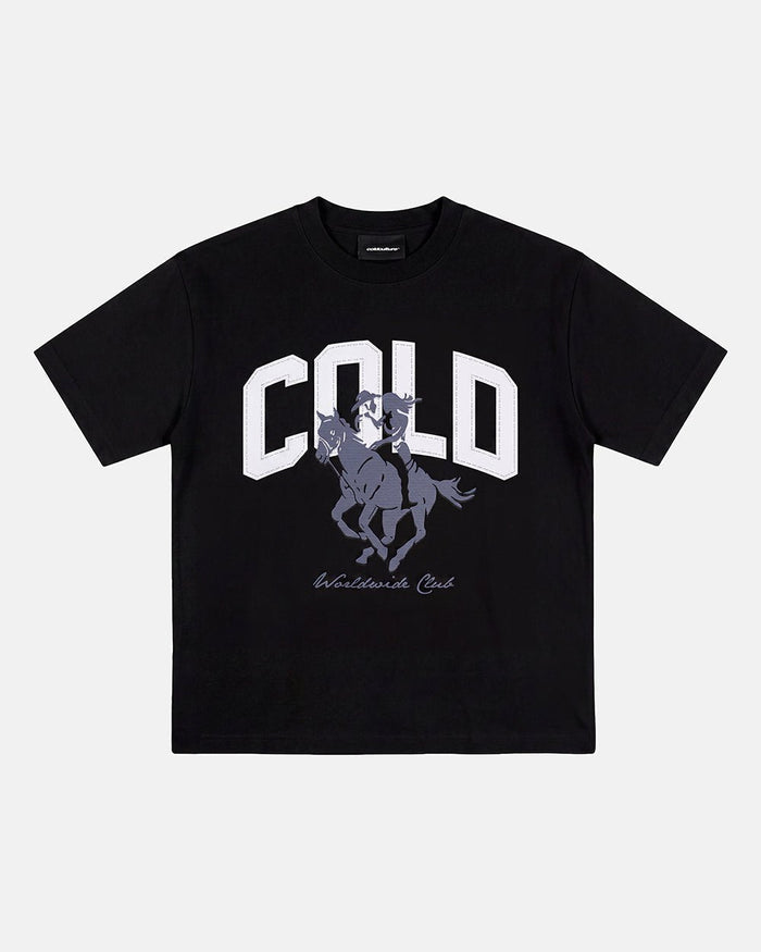 OPERA TEE BLACK - black horse print tee, front view - Cold Culture