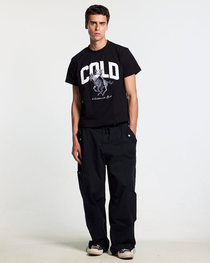 OPERA TEE BLACK - black horse print tee, front view on male model - Cold Culture