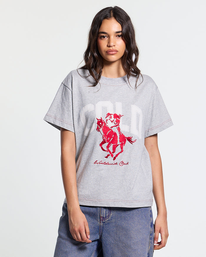 OPERA TEE HEATHER GREY - heather grey horse print tee, front view on female model - Cold Culture