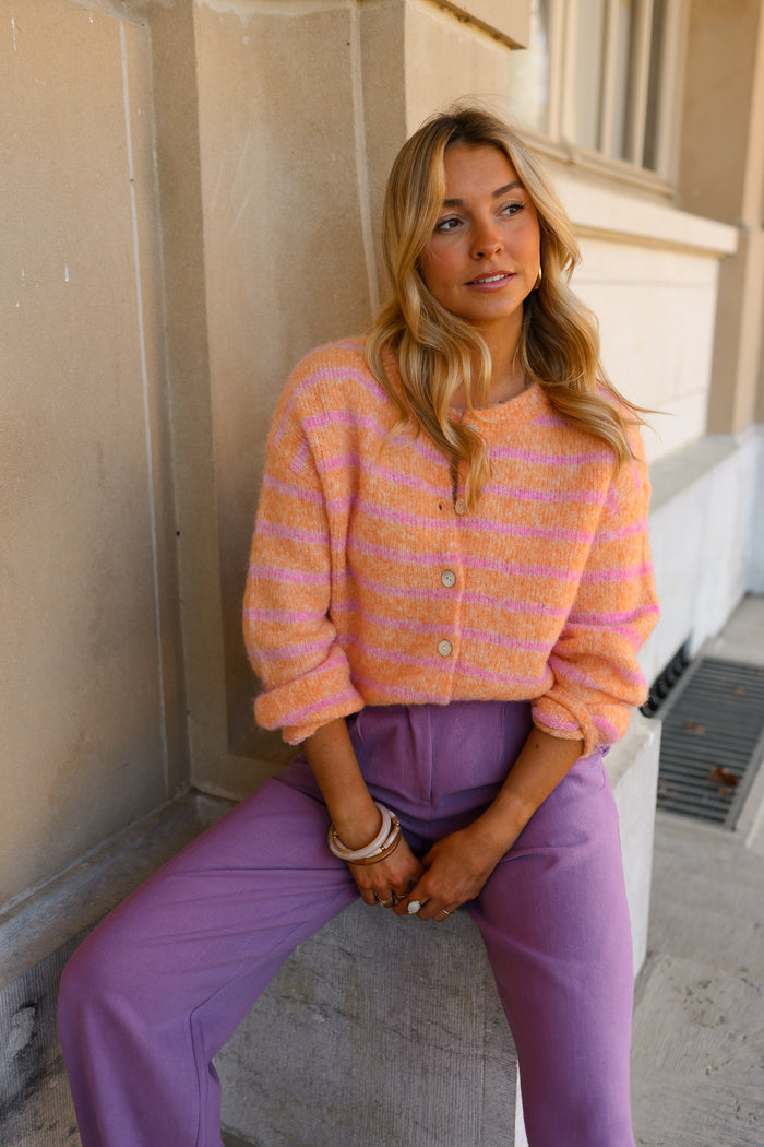 Orange and pink Sego cardigan styled outfit