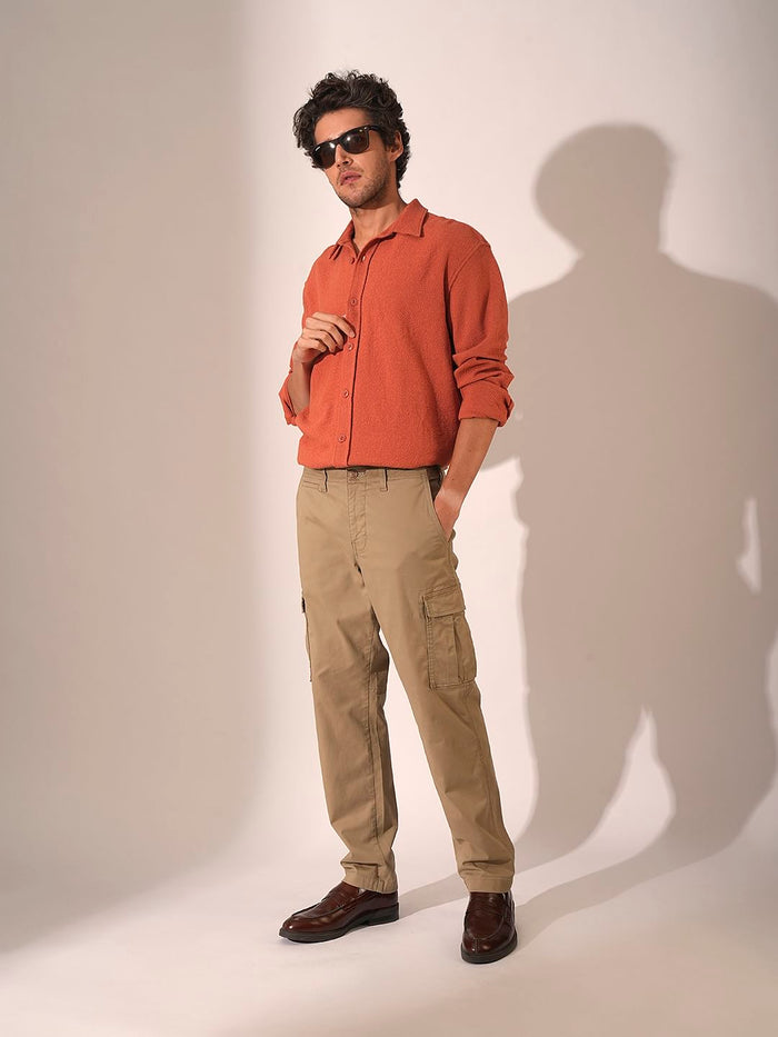 Orange Textured Regular Fit Shirt