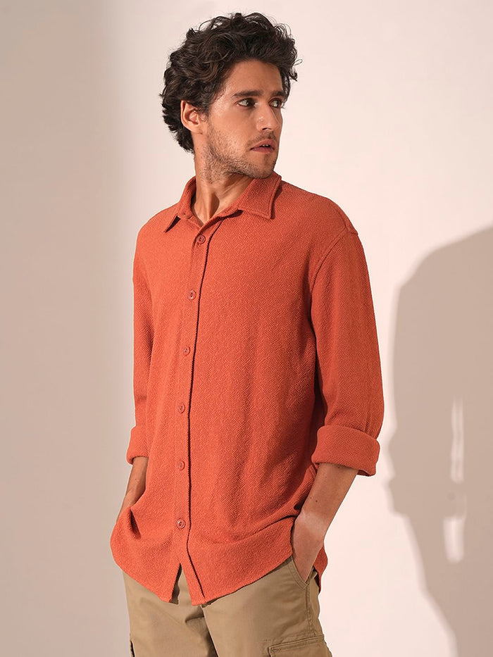 Orange Textured Regular Fit Shirt