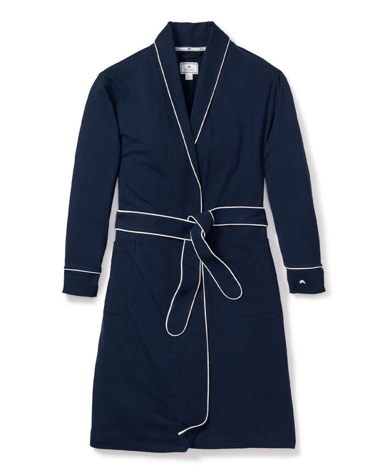Navy blue robe with white piping on a white background | Lead