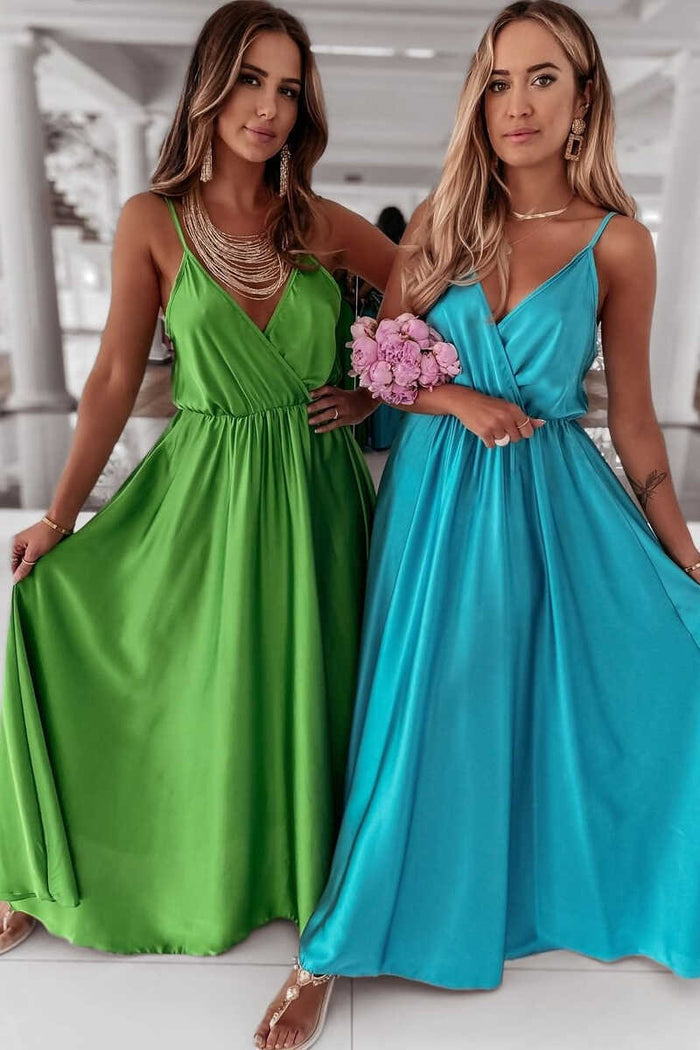 Pink Wrap Spaghetti Straps A-Line Long Bridesmaid Dress