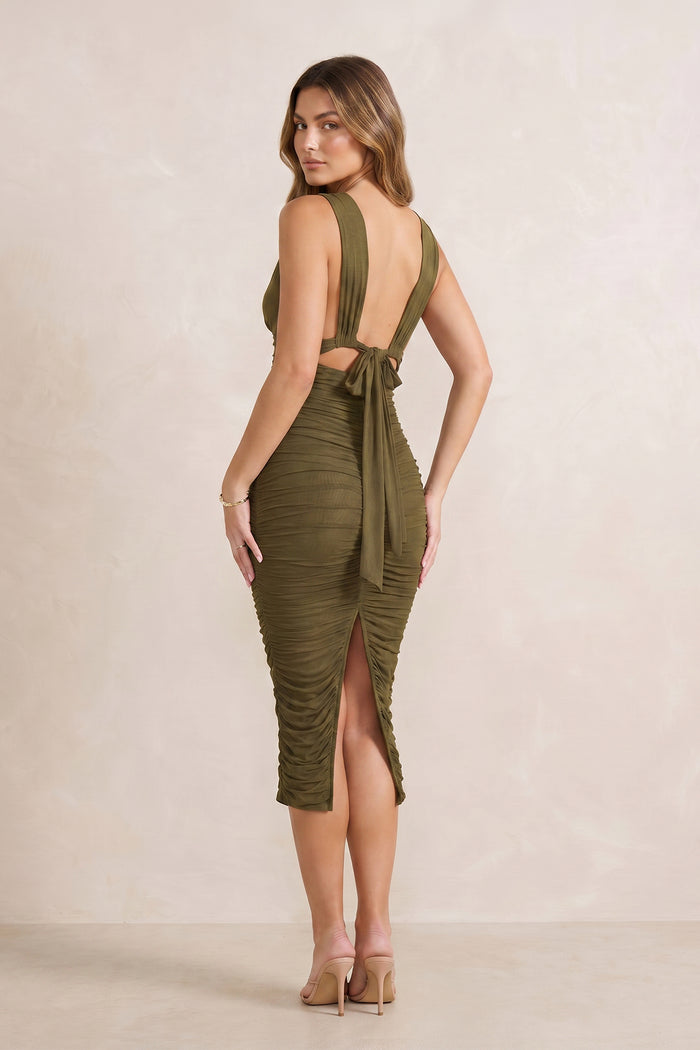 Pleated V-Neck Sheath Midi Dress in Willow Green – SHE IS ME Dresses