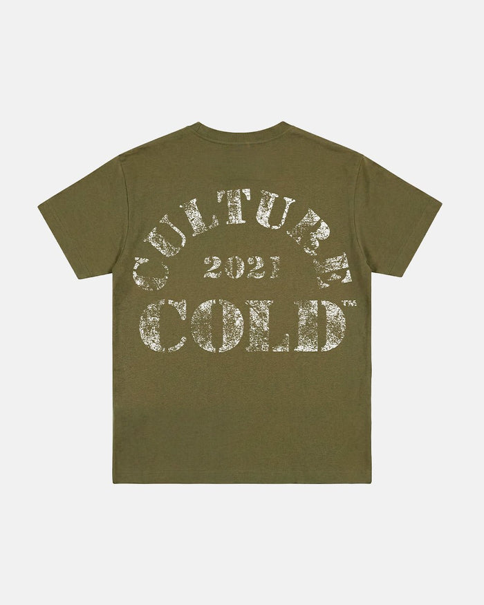 PUMPING TEE GREEN - olive green graphic print tee, back view - Cold Culture