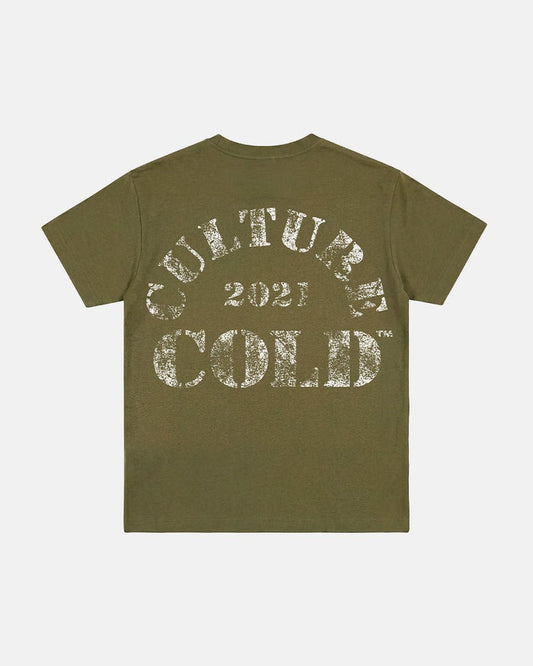 PUMPING TEE GREEN - olive green graphic print tee, back view - Cold Culture