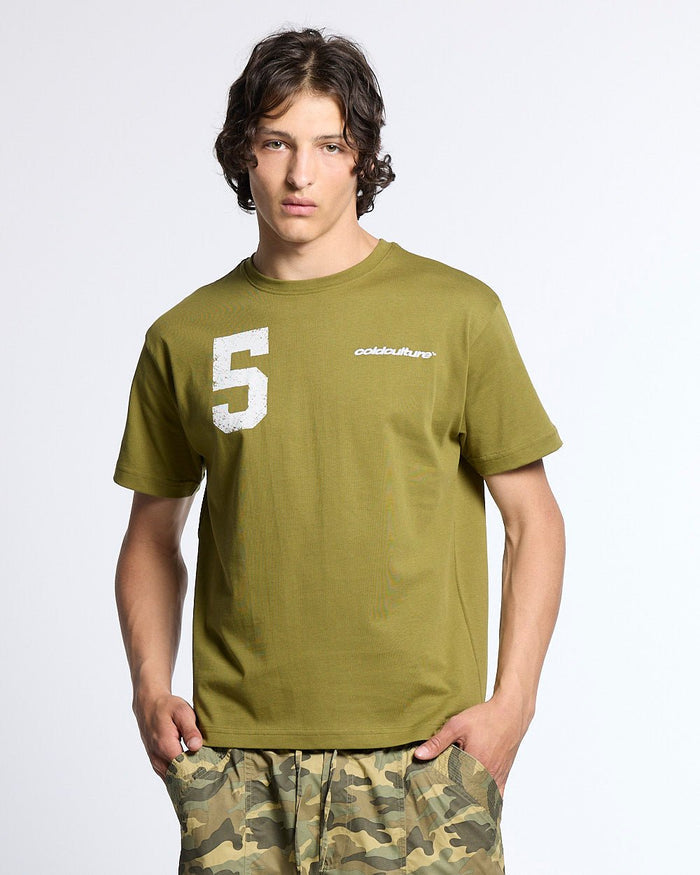 PUMPING TEE GREEN - olive green graphic print tee, front view on male model - Cold Culture
