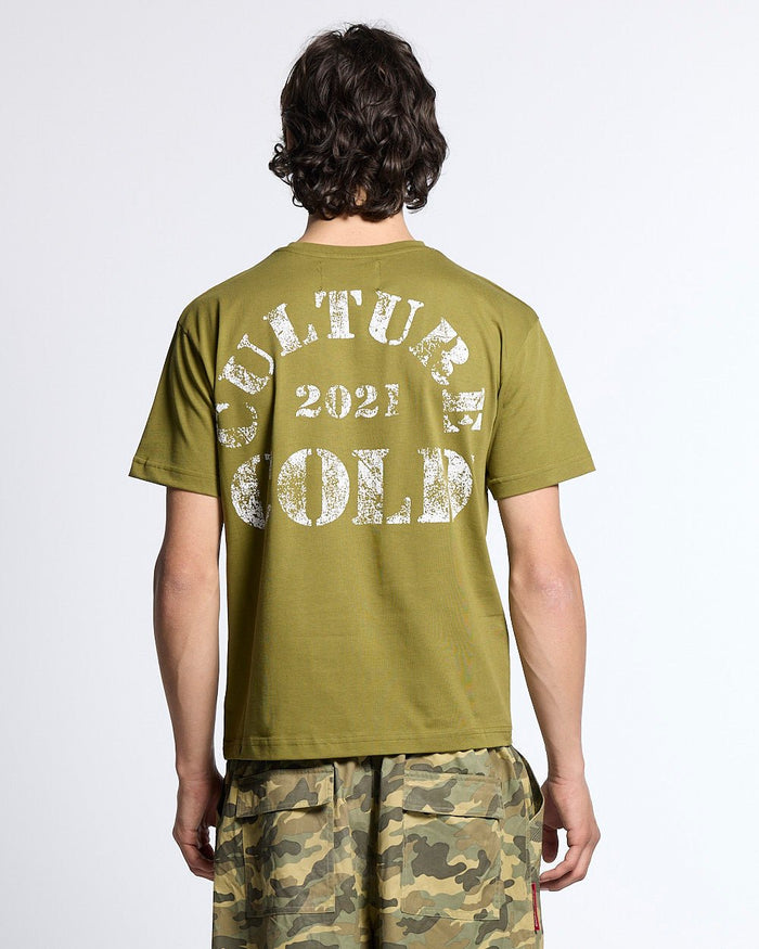 PUMPING TEE GREEN - olive green graphic print tee, back view on male model - Cold Culture