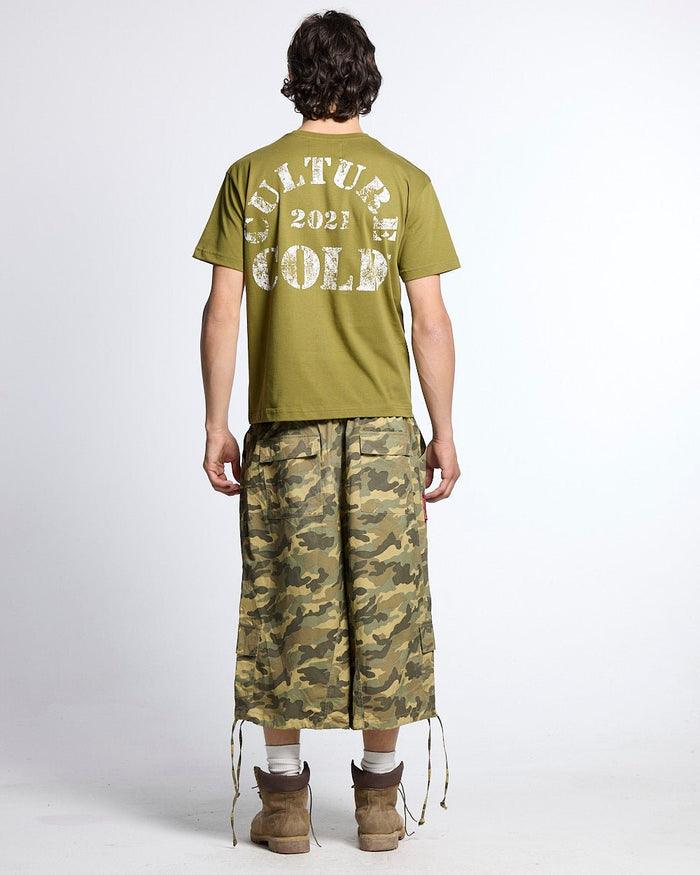 PUMPING TEE GREEN - olive green graphic print tee, back view on male model - Cold Culture