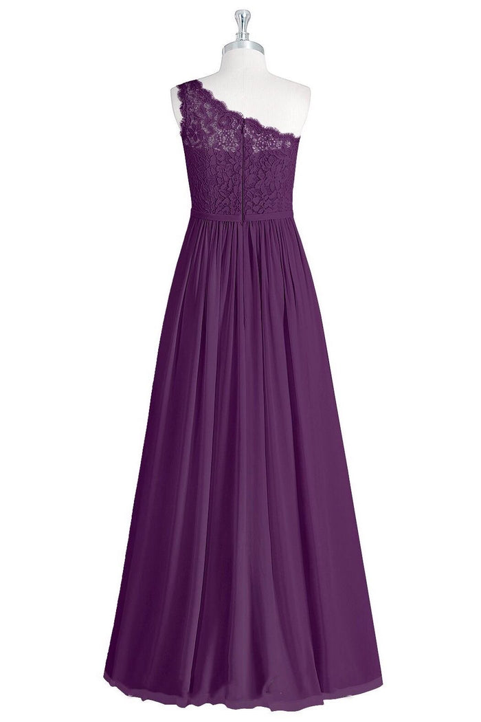 Purple Lace One-Shoulder A-Line Long Bridesmaid Dress with Slit