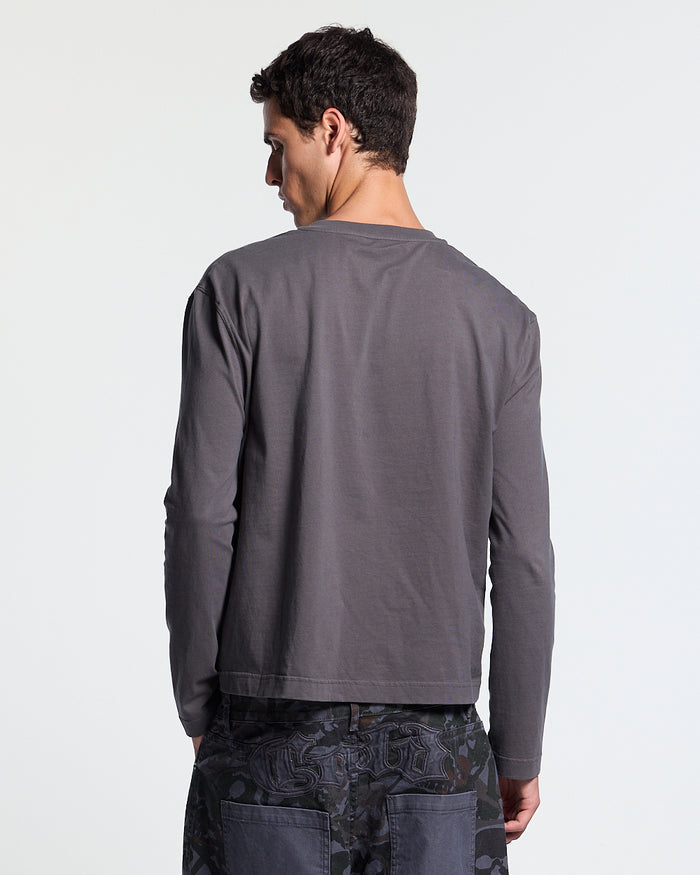 RAW STATE LONGSLEEVE GREY - grey henley longsleeve tee, back view on male model - Cold Culture