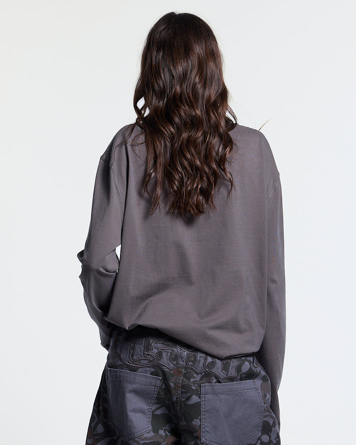 RAW STATE LONGSLEEVE GREY - grey henley longsleeve tee, back view on female model - Cold Culture