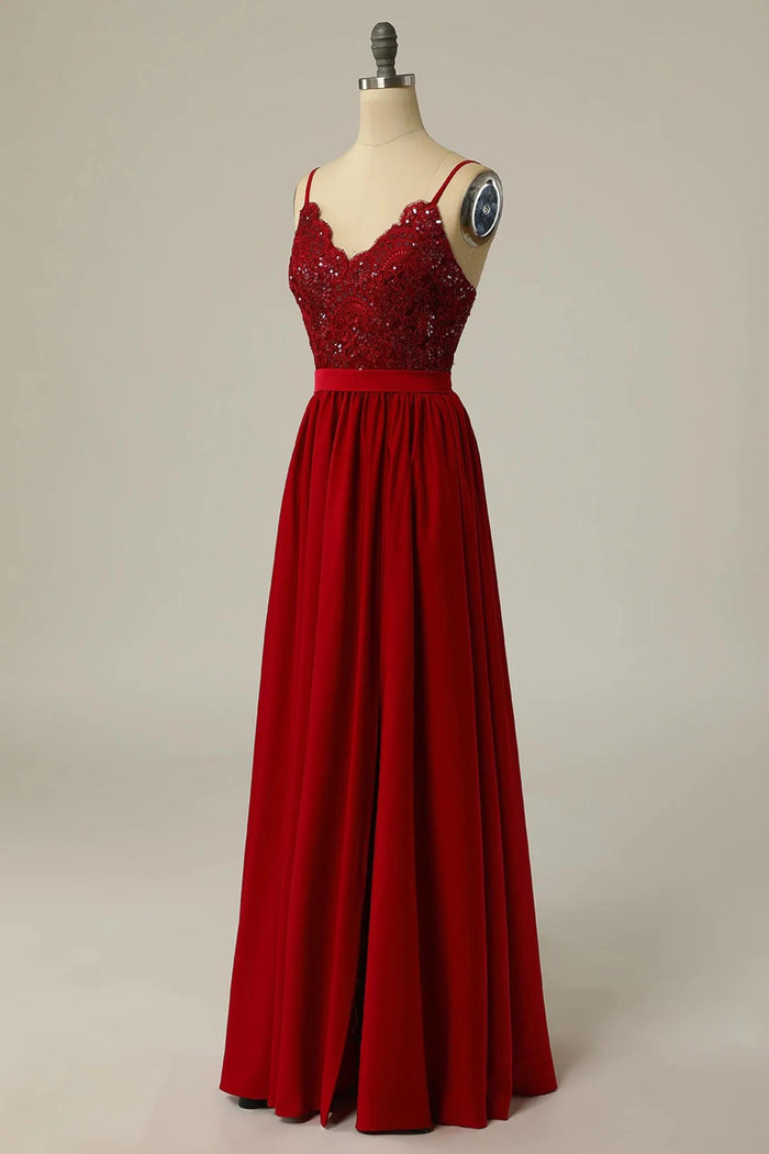 Red Lace Straps Banded Waist Bridesmaid Dress