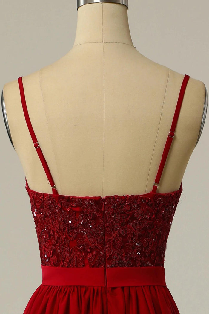 Red Lace Straps Banded Waist Bridesmaid Dress
