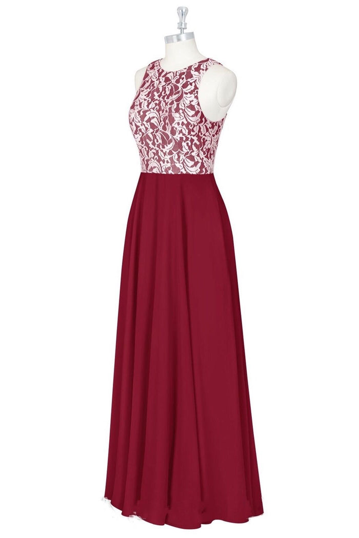 Red Print Crew Neck Sleeveless A-Line Long Bridesmaid Dress