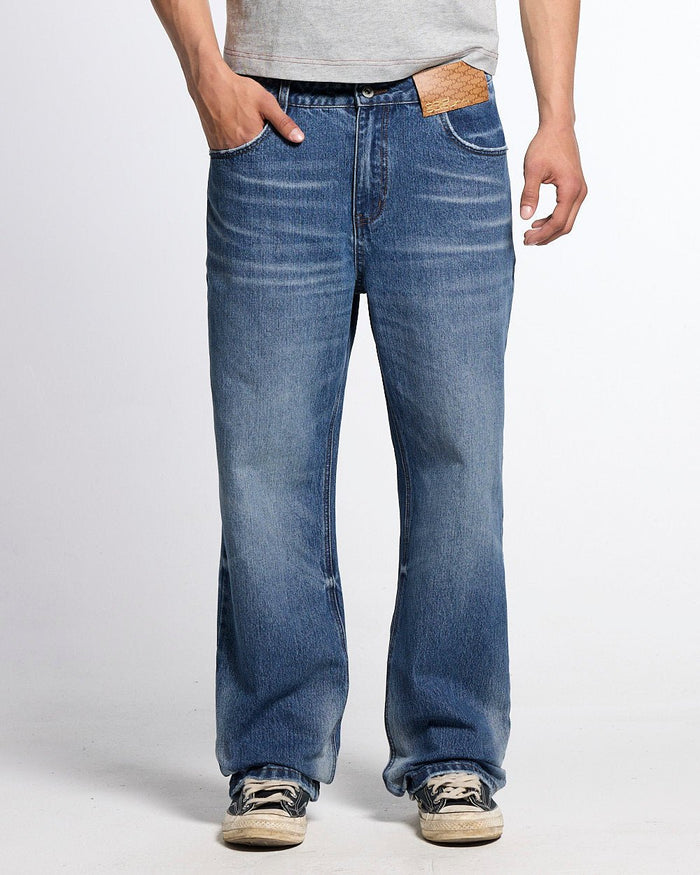 REVERSED V1 REGULAR PANTS MEDIUM DENIM - medium blue denim pants, front view on male model - Cold Culture
