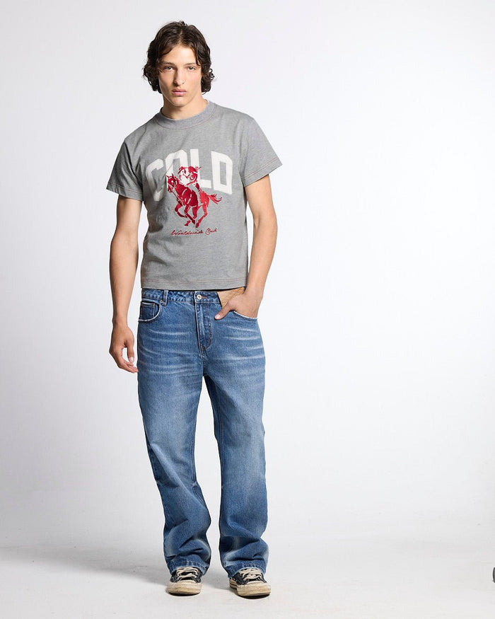 REVERSED V1 REGULAR PANTS MEDIUM DENIM - medium blue denim pants, front view on male model - Cold Culture