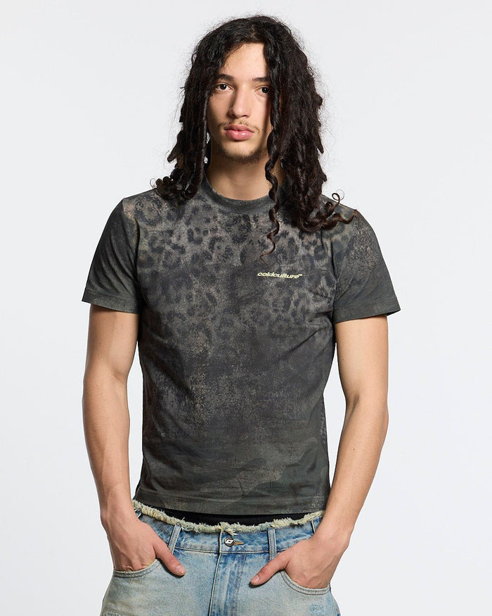 RICH FARMER TEE LEOPARD - washed leopard print tee, front view on male model - Cold Culture
