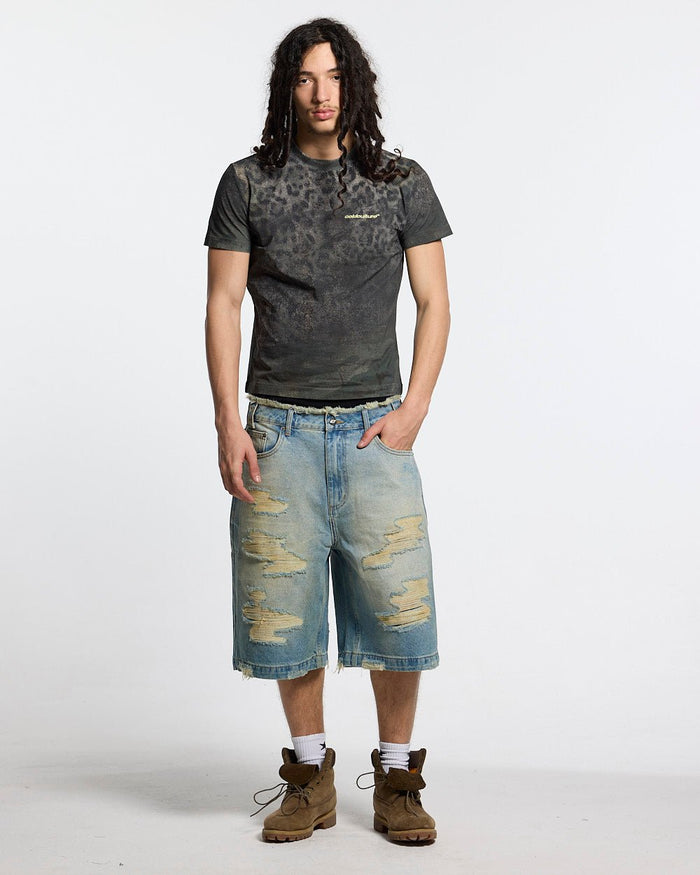 RICH FARMER TEE LEOPARD - washed leopard print tee, front view on male model - Cold Culture