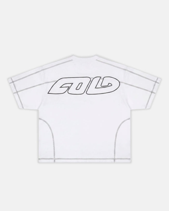 ROLLER TEE WHITE - white contrast stitch tee, back view - Cold Culture