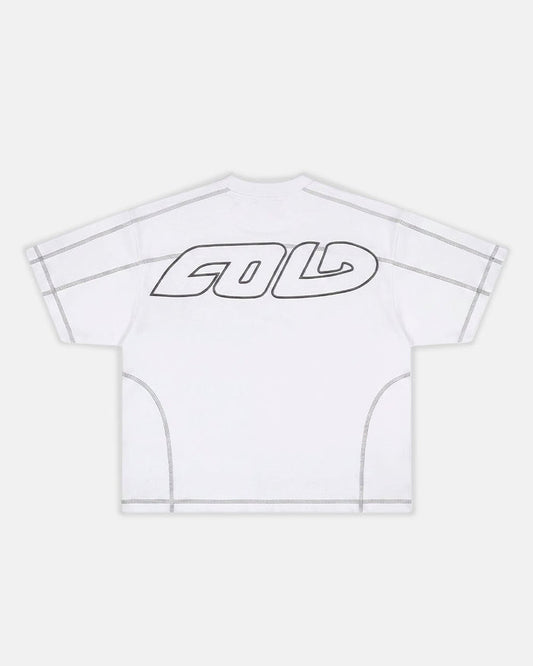 ROLLER TEE WHITE - white contrast stitch tee, back view - Cold Culture